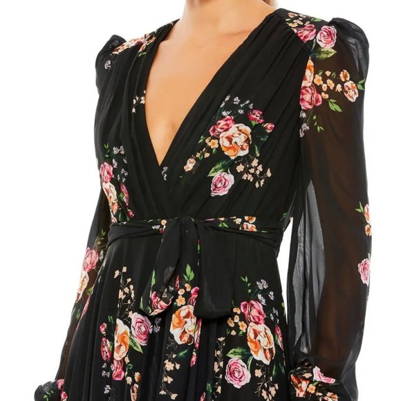 Mac Duggal Black Floral Long Sleeve Empire Waist Chiffon Maxi Dress - Picture 5 of 5